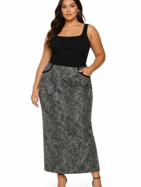 Vintage Black And White Textured Midi Skirt High Waist Pockets Office Core Sz 14